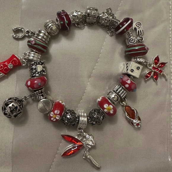 Homemade – NWOT – 925 SS plated charm bracelet, red lamp work beads, red theme - Picture 6 of 10